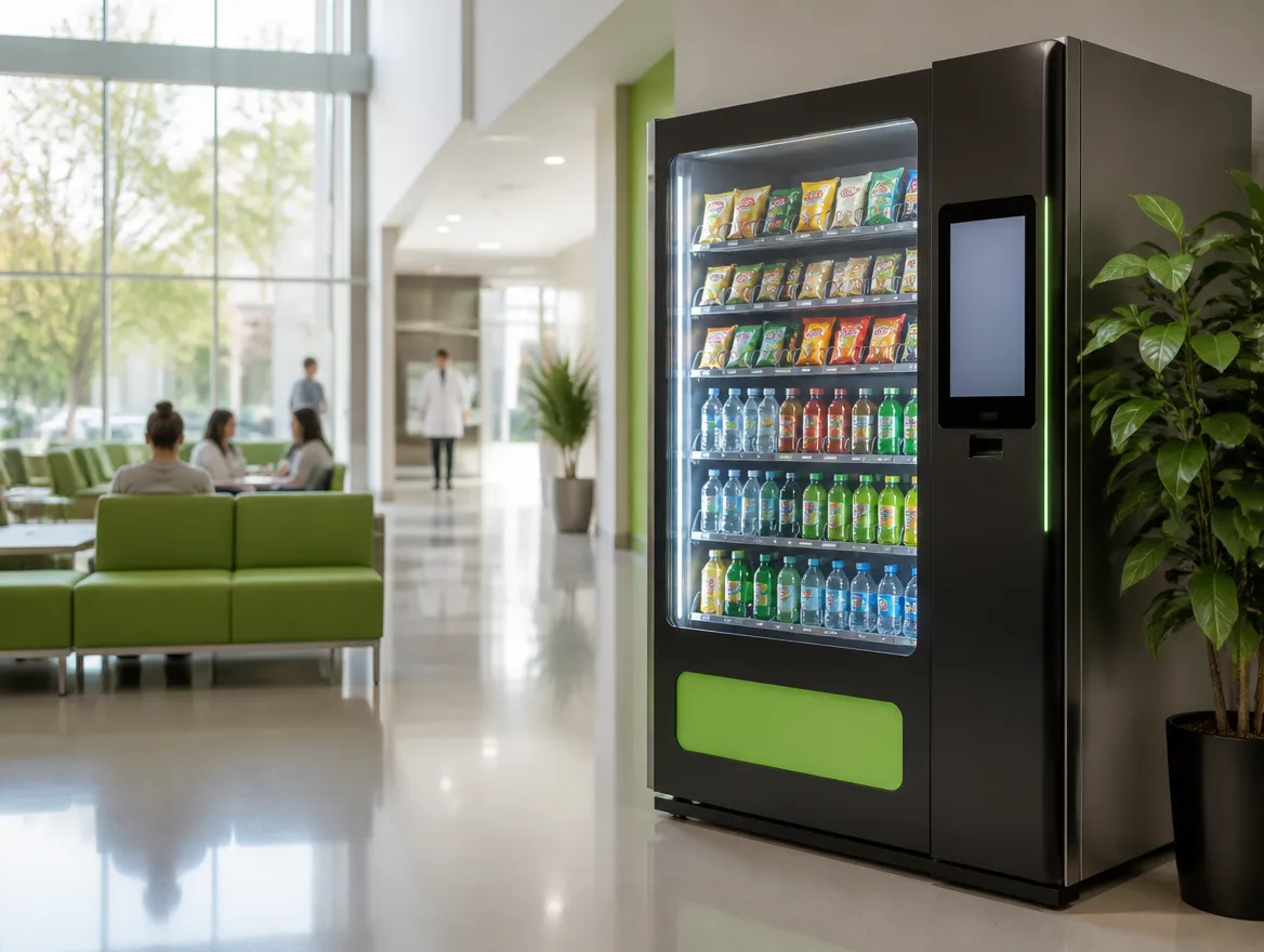 Sleek Quicsnax smart vending machine in a bright modern lobby